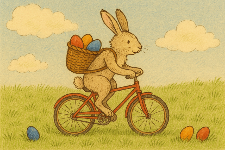 Osterhase_Fahrrad_ChatGPT_ADFC NRW_Querformat Auf dem Bild ist ein Hase zu sehen, der auf einem Fahrrad fährt. Auf dem Rücken hat er einen Korb, aus dem drei bunte Eier herausschauen. Im Gras liegen blaue und orange Eier verstreut.